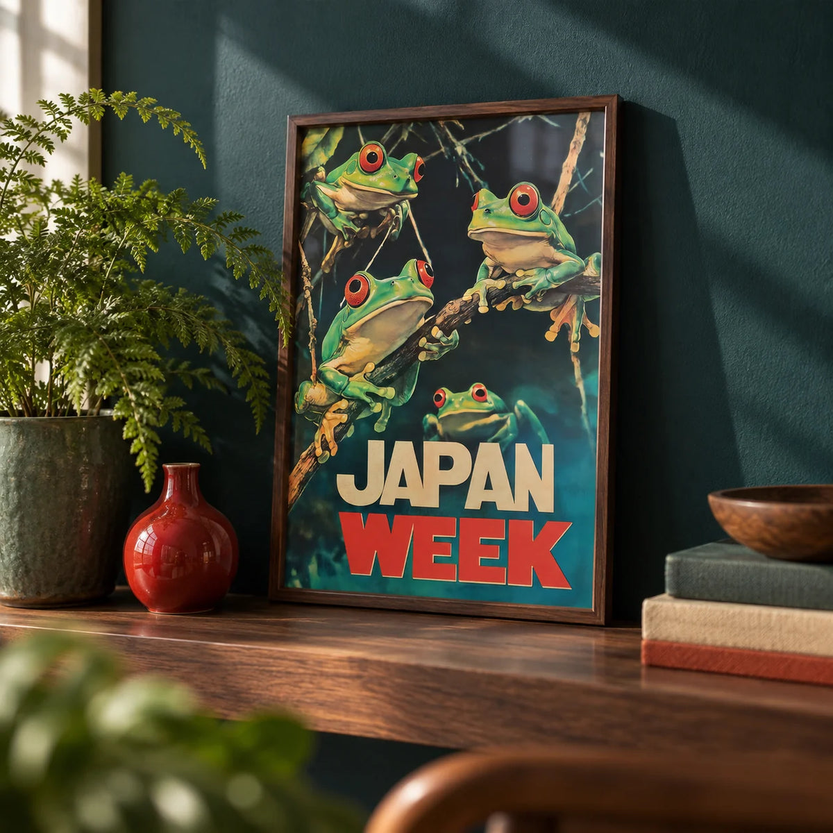 Japanese Frog Prints, a small A4 framed print leaning on a walnut shelf in a living room
