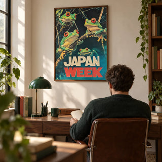 Japanese Frog Prints, framed on the wall of a study with a cream wall