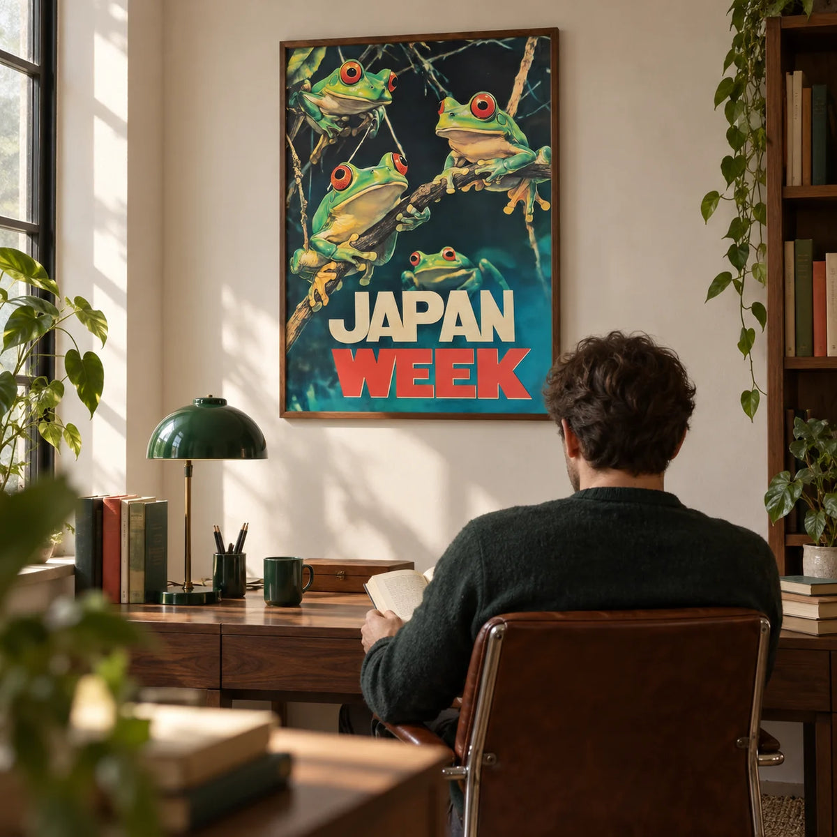 Japanese Frog Prints, framed on the wall of a study with a cream wall