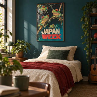 Japanese Frog Prints, framed on the wall of a young lad's bedroom (18-25) with a deep teal wall