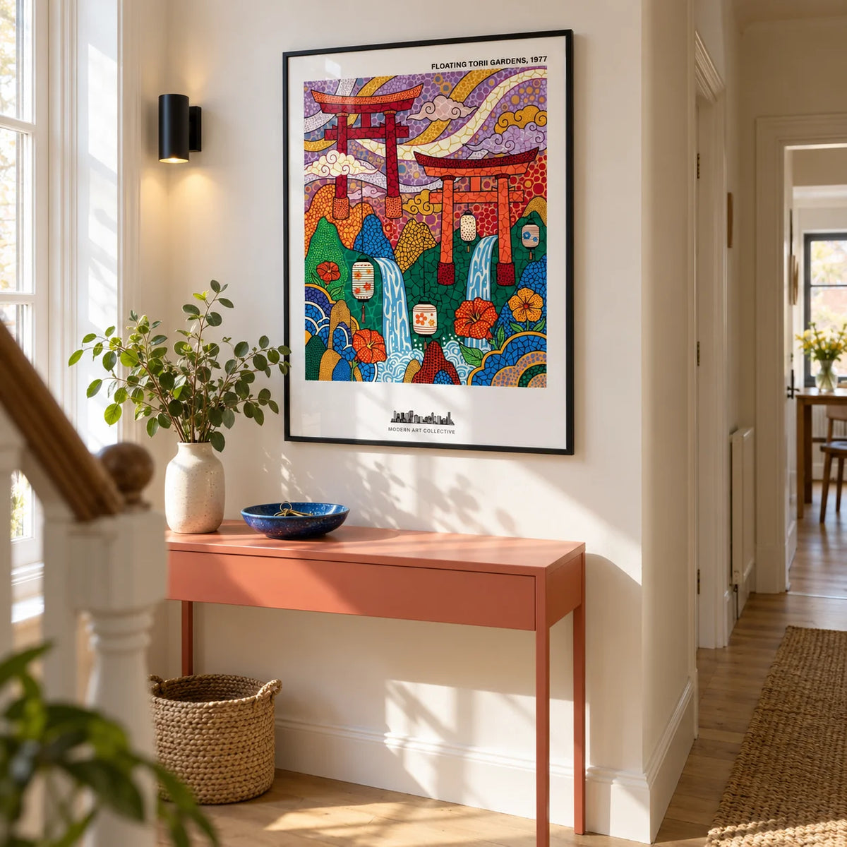 Japanese Garden Art Print, framed on the wall of a bright narrow hallway in a renovated UK terrace with warm white walls and pale oak flooring