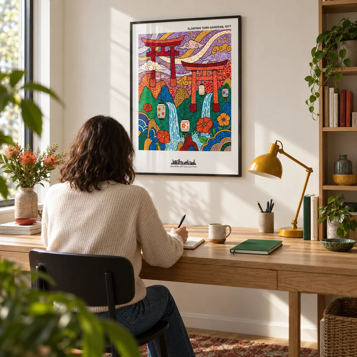 Japanese Garden Art Print, framed on the wall of a compact design-conscious home study with an off-white wall and a wide oak desk