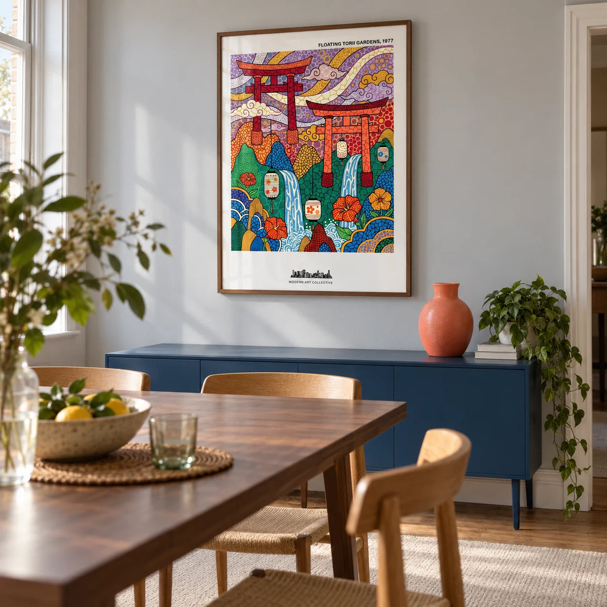 Japanese Garden Art Print, framed on the wall of a contemporary dining room in a UK terraced house with a pale grey wall and a walnut dining table