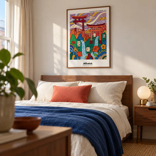 Japanese Garden Art Print, framed on the wall of a modern bedroom in a UK flat with a soft white wall and walnut furniture
