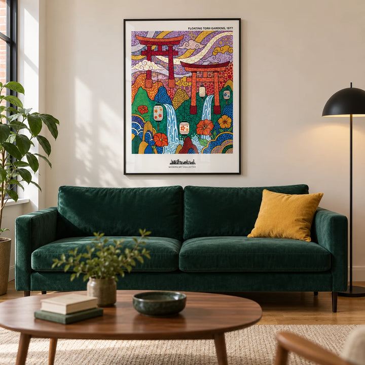 Japanese Garden Art Print, framed on the wall of a modern living room in a UK city flat with warm white walls