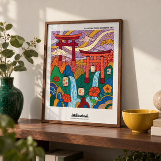 Japanese Garden Art Print, a small A4 framed print leaning on a walnut shelf in a living room