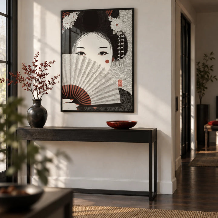 Japanese Geisha Art, framed on the wall of a calm hallway with a white wall and a dark wood floor