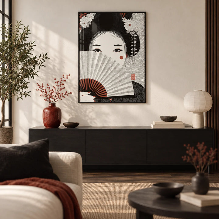 Japanese Geisha Art, framed on the wall of a calm Japandi living room with a warm white wall and a dark wood floor