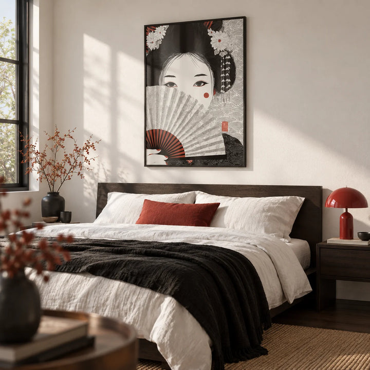 Japanese Geisha Art, framed on the wall of a calm modern bedroom with a soft white wall