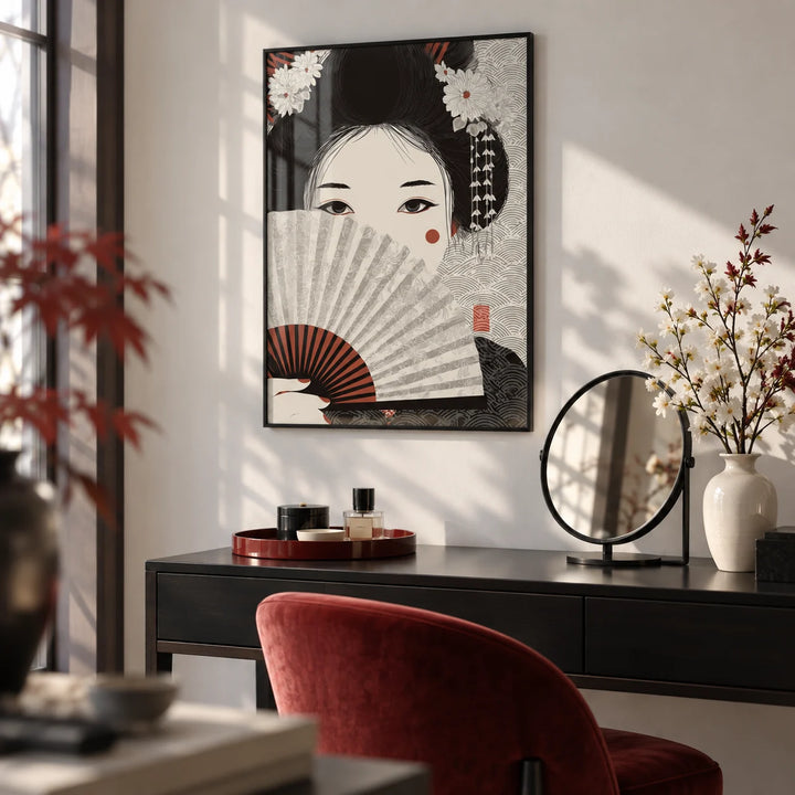 Japanese Geisha Art, framed on the wall of an elegant dressing area with a white wall