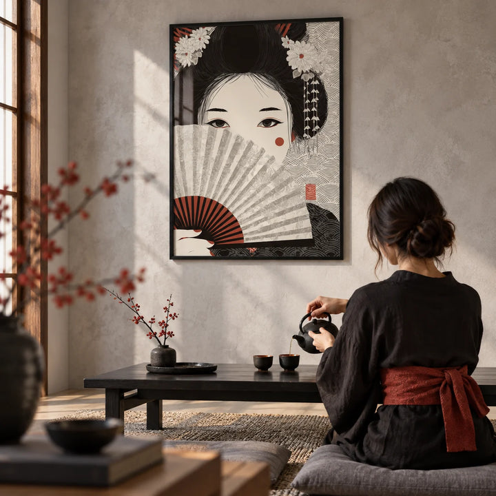Japanese Geisha Art, framed on the wall of a quiet tea corner with a pale grey limewashed wall
