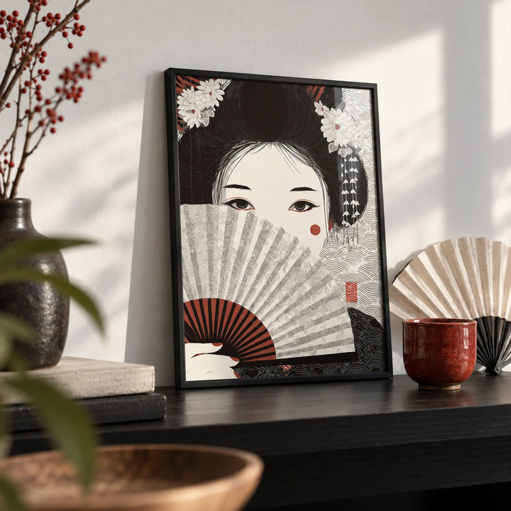 Japanese Geisha Art, a small A4 framed print leaning on a black shelf in a living room