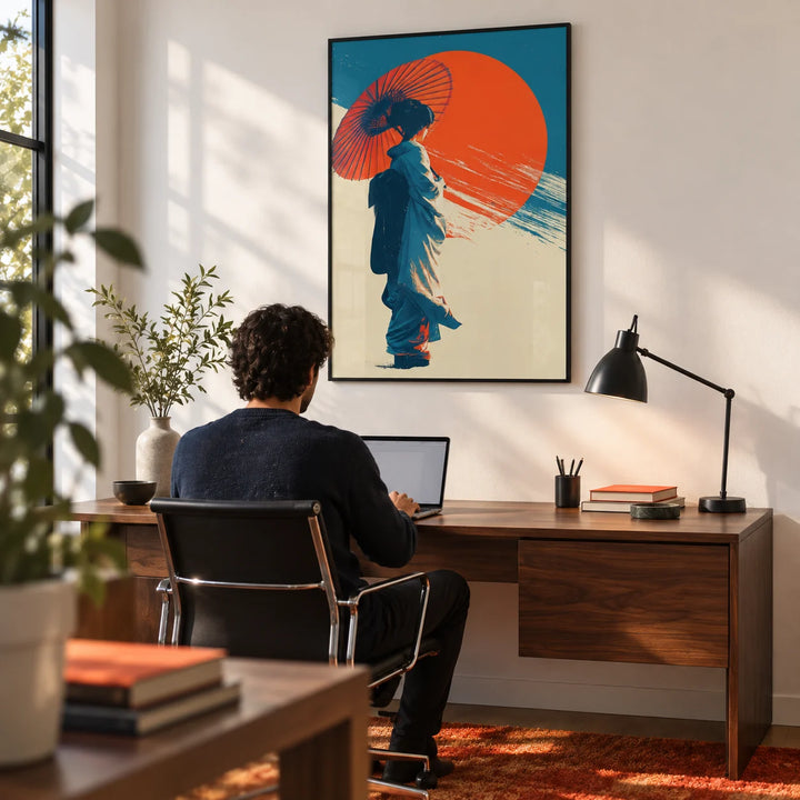 Japanese Geisha Pop Art, framed on the wall of a crisp home office with a white wall