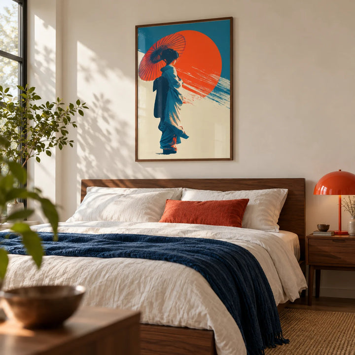 Japanese Geisha Pop Art, framed on the wall of a modern bedroom with a cream wall