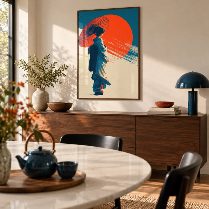 Japanese Geisha Pop Art, framed on the wall of a modern dining room with a warm white wall