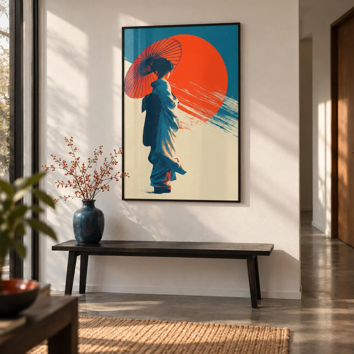 Japanese Geisha Pop Art, framed on the wall of a modern hallway with a white wall and a concrete floor