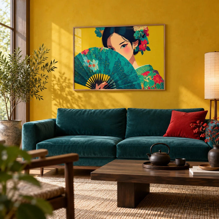 Japanese Geisha Wall Art, framed on the wall of a Japanese-modern living room with a mustard yellow limewashed wall
