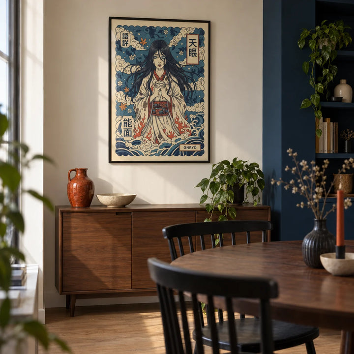 Japanese Ghost Print, framed on the wall of a compact modern dining room in a UK first flat for a folklore enthusiast aged 22-28