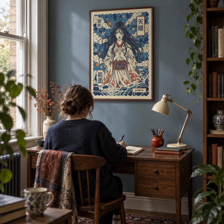 Japanese Ghost Print, framed on the wall of a compact study in a Victorian terrace with a muted blue wall and simple walnut furniture