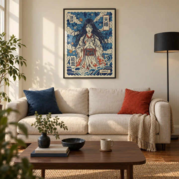 Japanese Ghost Print, framed on the wall of a modern living room in a UK city flat with warm cream walls