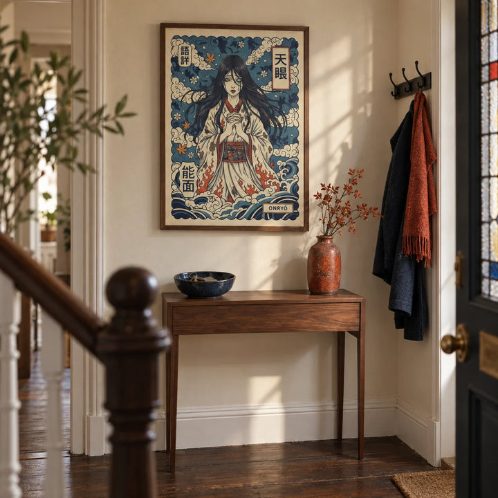 Japanese Ghost Print, framed on the wall of a narrow entrance hallway in a characterful UK terrace with warm cream walls and dark wood floorboards