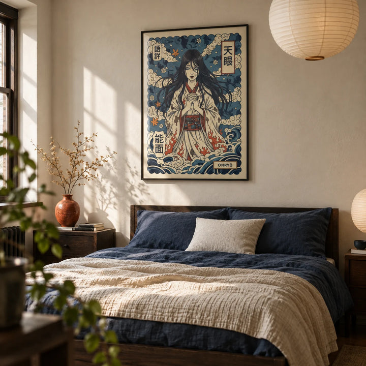 Japanese Ghost Print, framed on the wall of a restrained Japanese-inspired bedroom in a young adult's UK flat with cream plaster walls and dark timber furniture