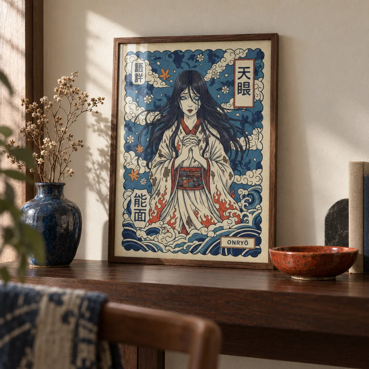 Japanese Ghost Print, a small A4 framed print leaning on a dark walnut shelf in a living room