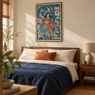 Japanese Goddess Wall Art, framed on the wall of a calm Japanese-influenced bedroom in a UK maisonette with warm ivory walls