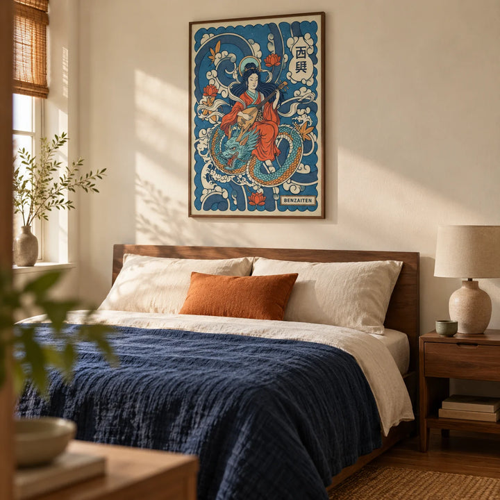 Japanese Goddess Wall Art, framed on the wall of a calm Japanese-influenced bedroom in a UK maisonette with warm ivory walls