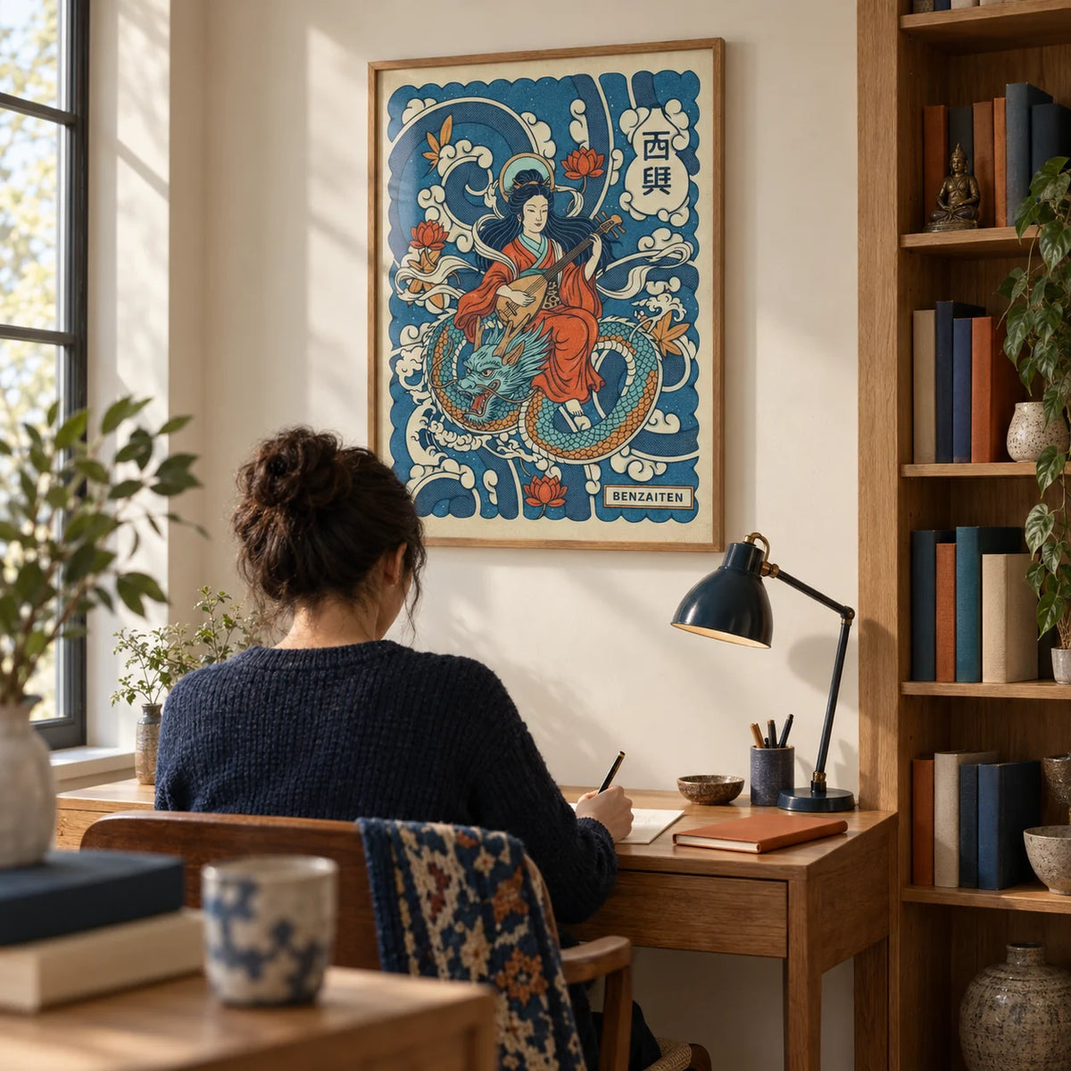 Japanese Goddess Wall Art, framed on the wall of a quiet home study for a mythology enthusiast with cream walls and a built-in oak bookcase along the adjacent wall