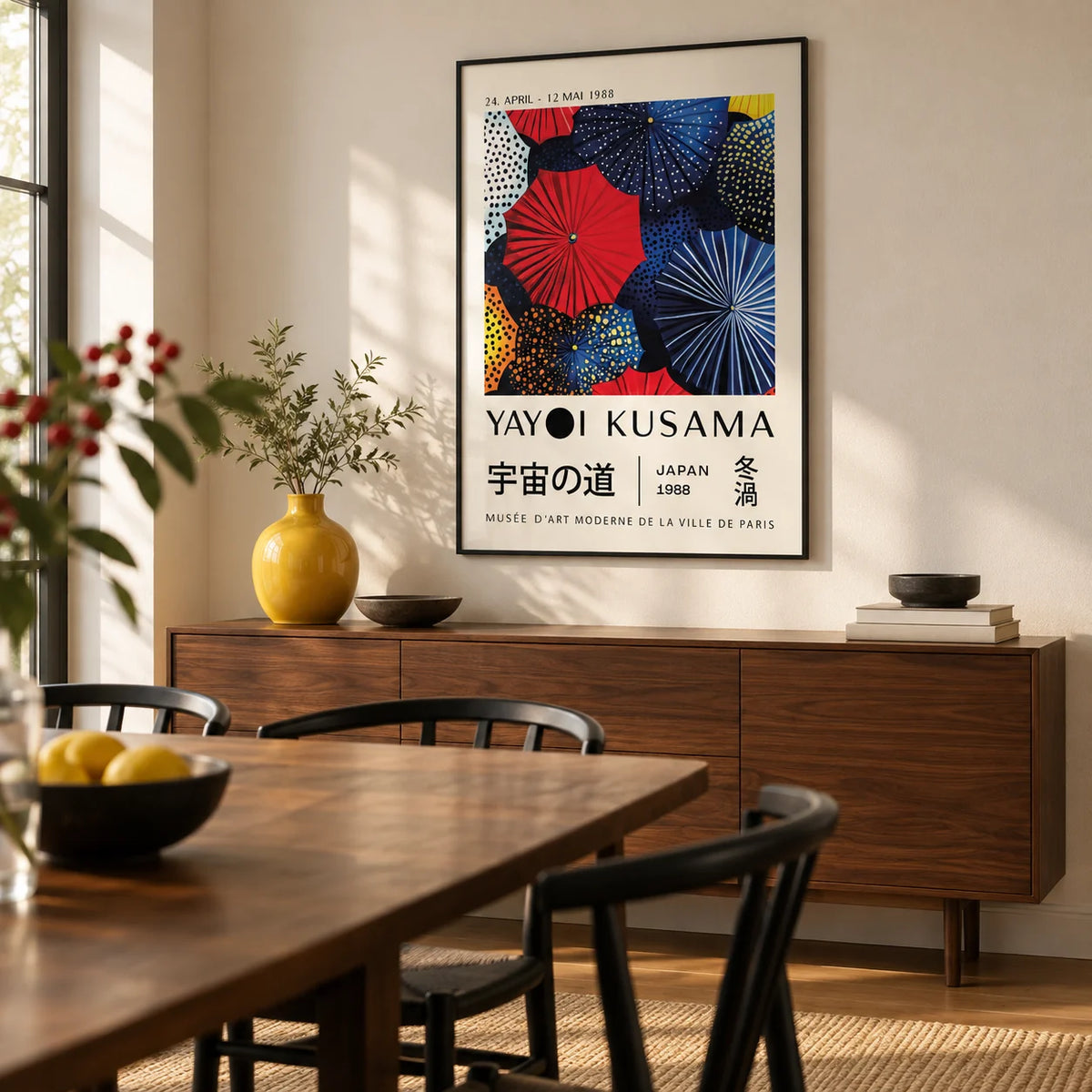 Japanese Home Decor, framed on the wall of a design-led dining room with a cream wall