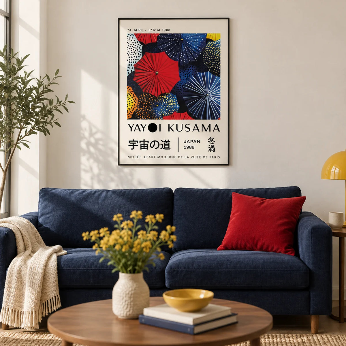 Japanese Home Decor, framed on the wall of a modern living room with a warm white wall