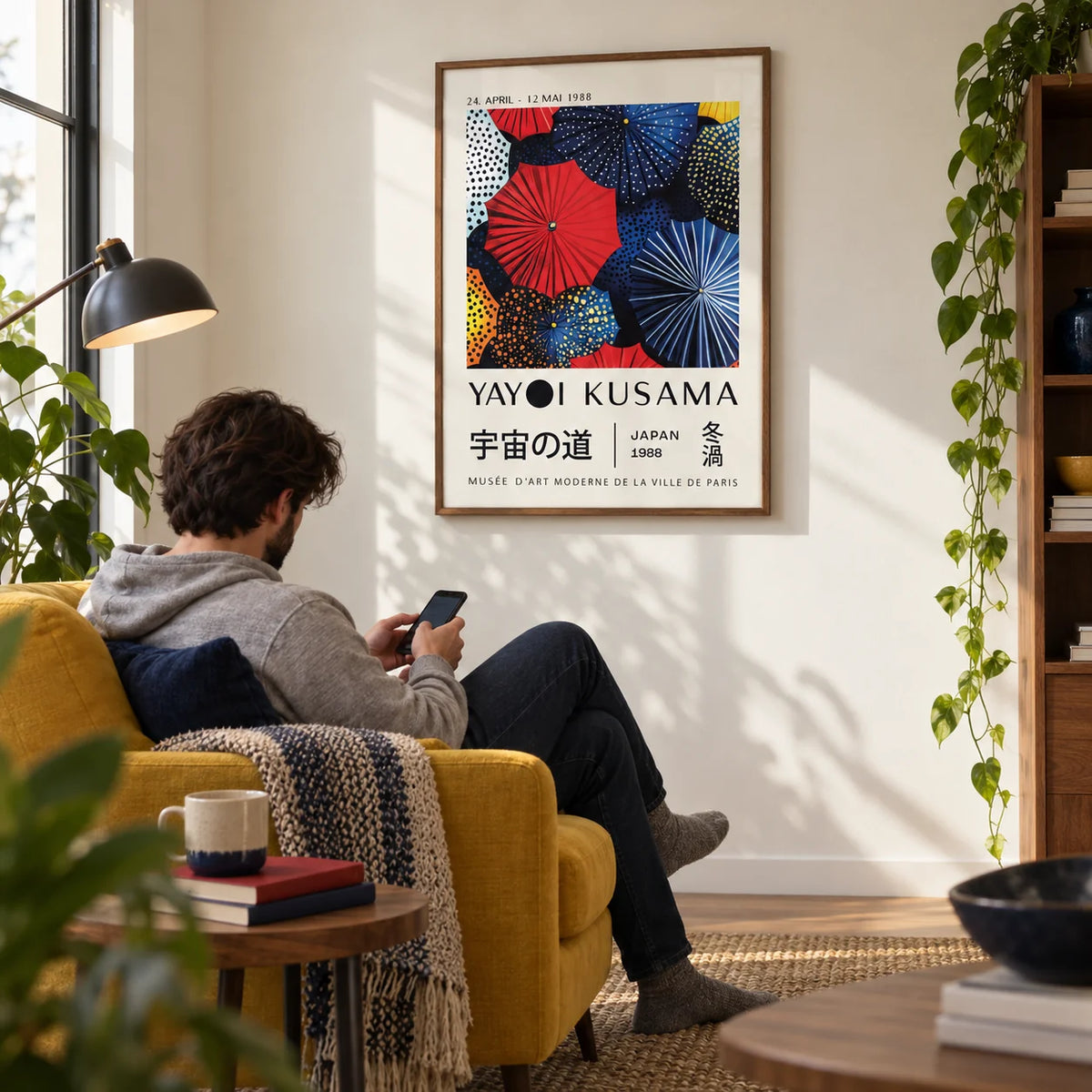 Japanese Home Decor, framed on the wall of a modern reading corner with a cream wall in a living room