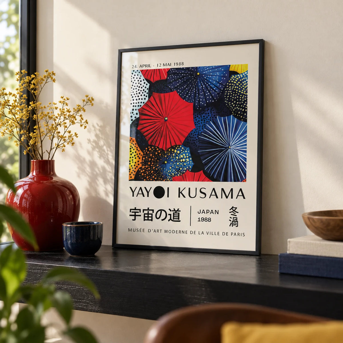 Japanese Home Decor, a small A4 framed print leaning on a black shelf in a living room
