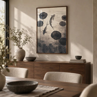 Japanese Ink Art, framed on the wall of a calm dining room
