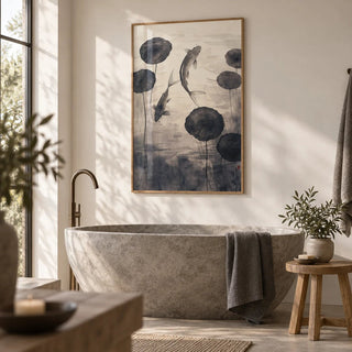 Japanese Ink Art, framed on the wall of a calm spa-like bathroom