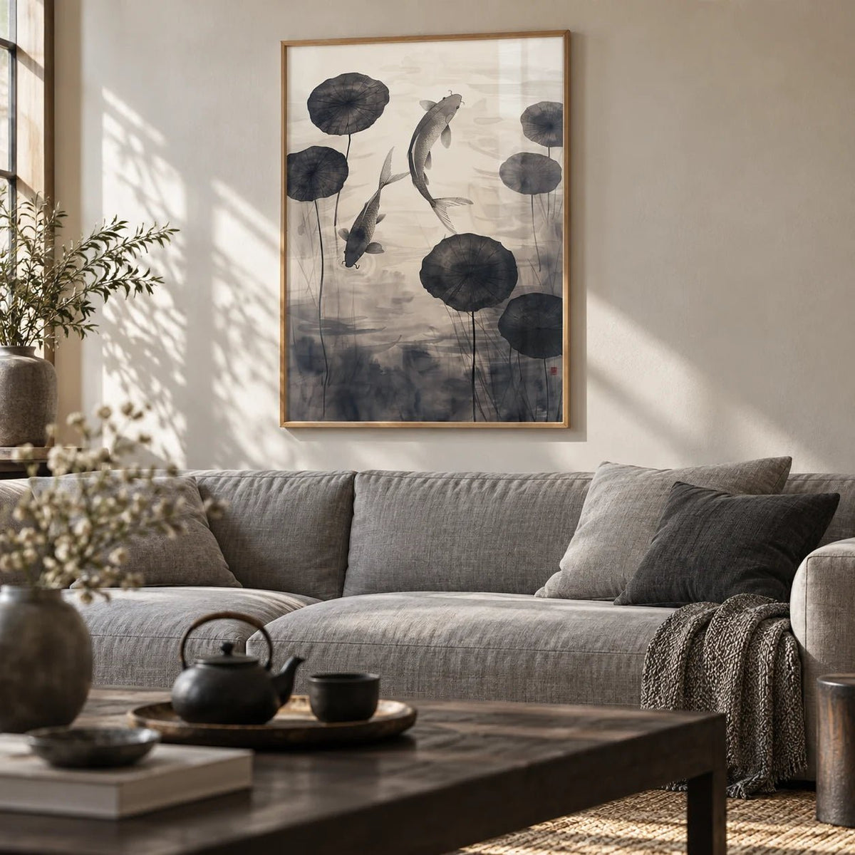 Japanese Ink Art, framed on the wall of a quiet living room