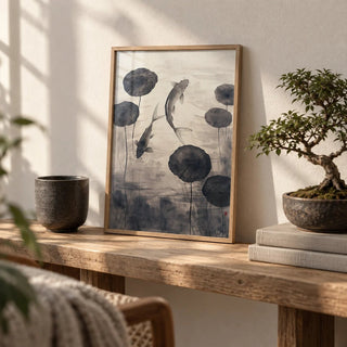 Japanese Ink Art, a small A4 framed print leaning on a low oak bench in a living room
