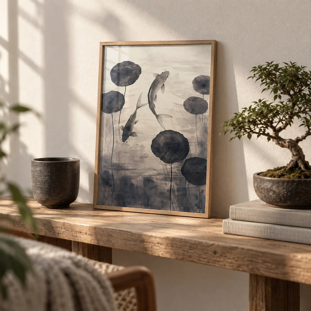 Japanese Ink Art, a small A4 framed print leaning on a low oak bench in a living room