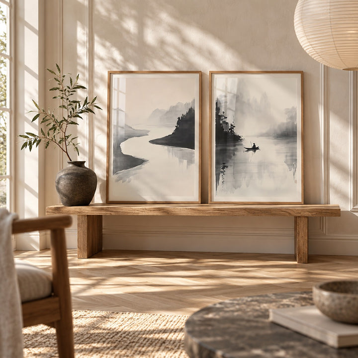 Japanese Ink Landscape Prints Set of 2 styled on an oak bench against a limewash wall in a Japandi room: River Quiet and River Stillness shown framed side by side (frames not included)