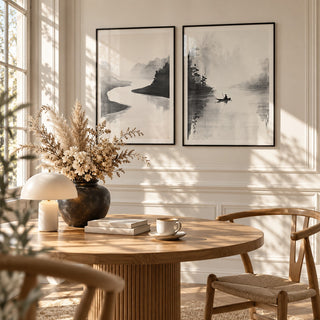 Japanese Ink Landscape Prints Set of 2 styled above a round fluted oak dining table with a mushroom lamp: River Quiet and River Stillness shown framed side by side (frames not included)