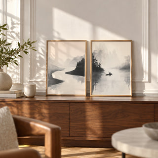 Japanese Ink Landscape Prints Set of 2 styled as small A4 prints on a shelf, to show the gift size: River Quiet and River Stillness shown framed side by side (frames not included)