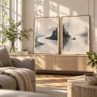 Japanese Ink Landscape Prints Set of 2 styled on a pale wooden console under a sunny window: River Quiet and River Stillness shown framed side by side (frames not included)