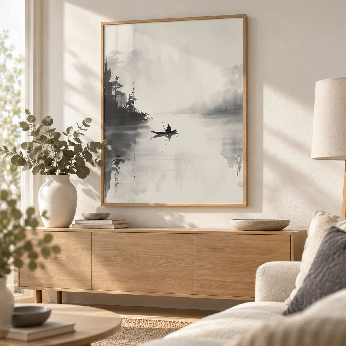 Japanese Ink Painting, framed on the wall of a bright Scandinavian living room
