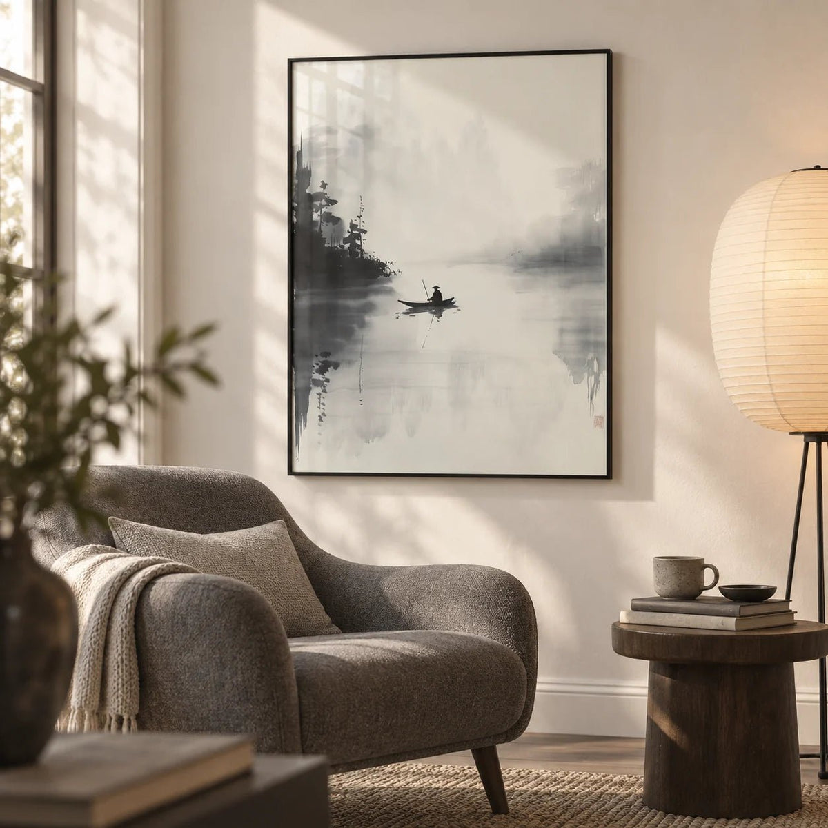 Japanese Ink Painting, framed on the wall of a calm reading corner in a living room