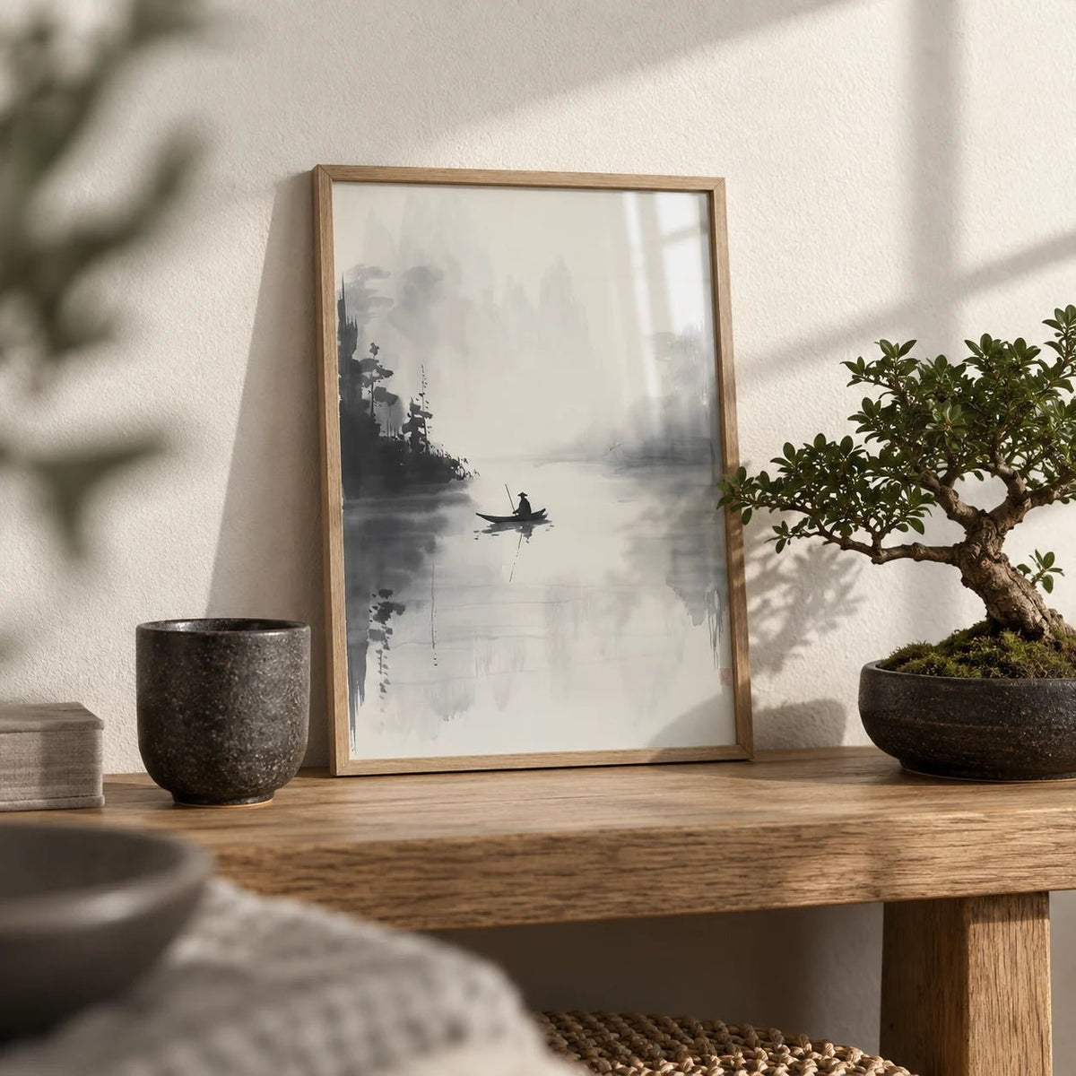 Japanese Ink Painting, a small A4 framed print leaning on a low oak bench in a living room
