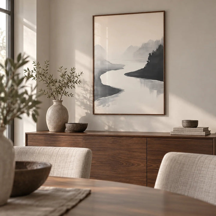 Japanese Ink Wash Painting, framed on the wall of a calm dining room
