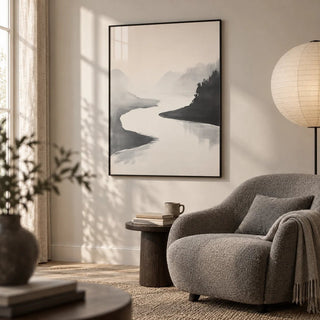 Japanese Ink Wash Painting, framed on the wall of a calm reading corner in a living room