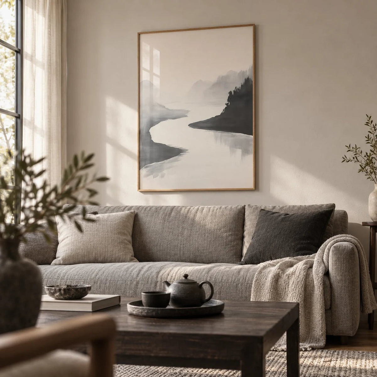 Japanese Ink Wash Painting, framed on the wall of a quiet living room