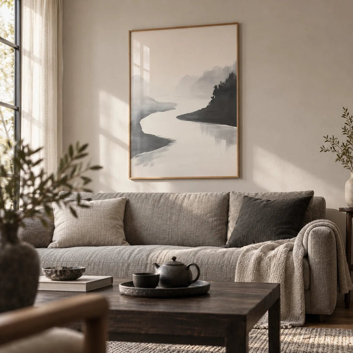 Japanese Ink Wash Painting, framed on the wall of a quiet living room